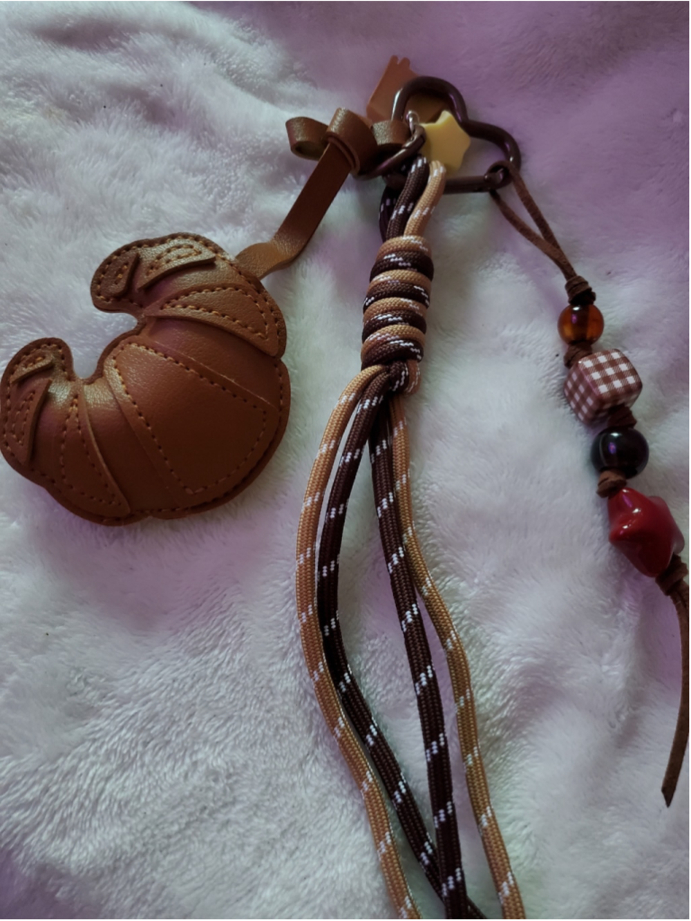 Beautiful Brown and Beige Croissant Bag charm/ Keychain with extra charms